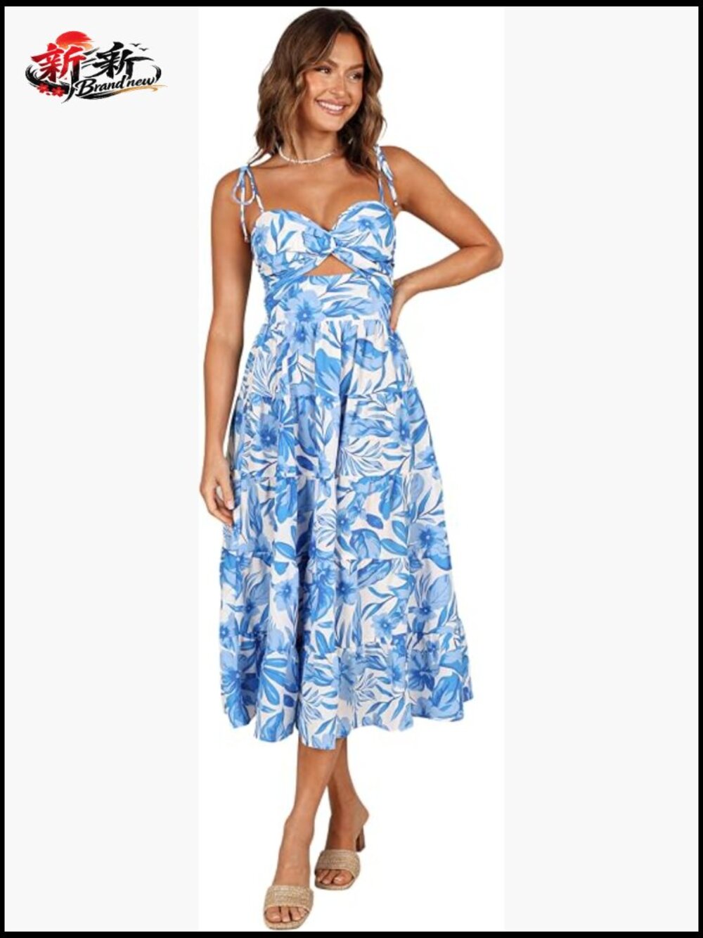 Rose Midi Dress - V-Neck, Sleeveless, Cut Out Detail, A-Line